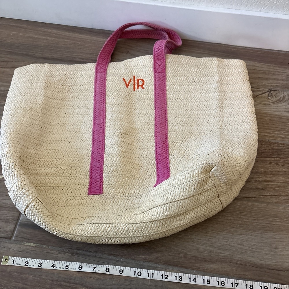 Mark And Graham Straw Bag Pink And Cream Embroidered V/R 22" x 18" - Picture 6 of 8